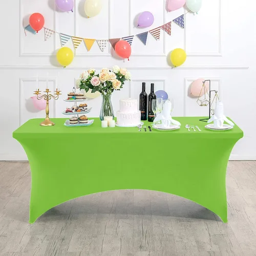 Vista 6 de Mantel de elastano para mesa de 6, 4 o 8 pies, universal, ajustable, para fiestas, banquetes, bodas y eventos, color verde manzana