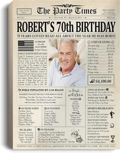 Vista 4 de Decoraciones personalizadas para fiesta de cumpleaños número 70, póster de periódico, lienzo de 0.75 pulgadas para mujeres y hombres, regalos de 1953
