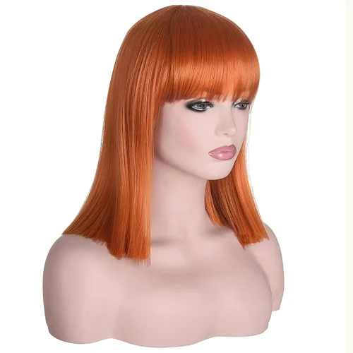 Vista 3 de Morvally - Peluca con flequillo de 14 pulgadas, corte corto recto 2735# Naranja