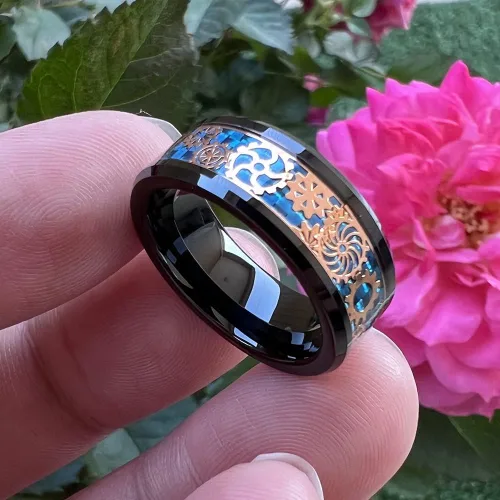 Vista 3 de Anillo de tungsteno de 6 mm y 8 mm color negro, plateado, rojo y azul para hombres y mujeres, anillos de matrimonio estilo Steampunk con engranes