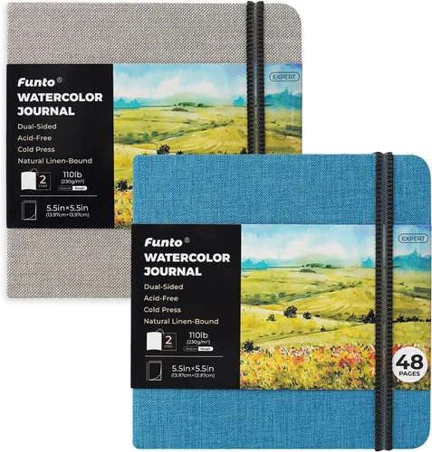 Vista 14 de Funto Diario de Acuarela, Cuadrado, 5.5x5.5, Portátil Paquete de 2, 48 Páginas Cada Uno, Cubierta Azul, 110lb/230gsm, Suministros de Arte