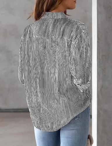 Vista 5 de Cugoodte Camisas de manga larga para mujer, con botones, a rayas, para oficina, negocios, trabajo, blusas con bolsillo