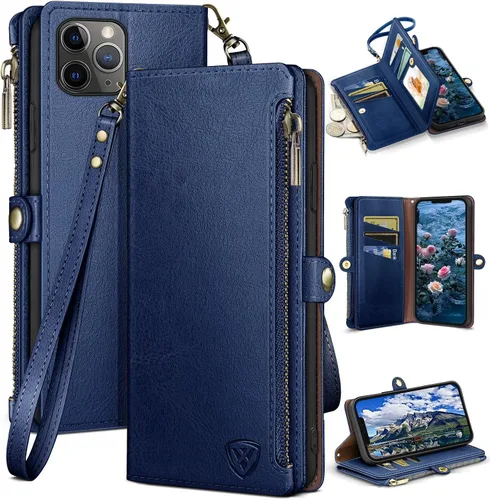 Vista 13 de XcaseBar Funda tipo cartera para iPhone 11 Pro Max de 6.5 pulgadas con cremallera y tarjetero de crédito [bloqueo RFID], funda de piel sintética