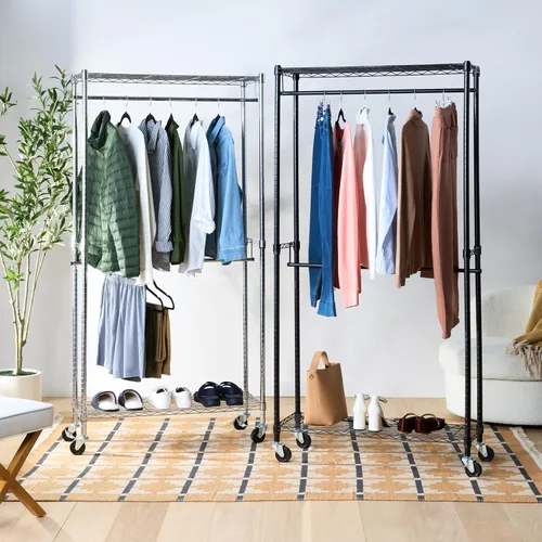 Vista 4 de Amazon Basics Perchero ajustable con doble barra, organizador de ropa colgante con ruedas, resistente, 36 x 14 x 72 pulgadas, negro