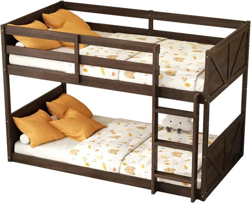 Vista 4 de Twin Size Bunk Bed with Panelled Headboard and Footboard, Antique Dark Oak Antique Oak