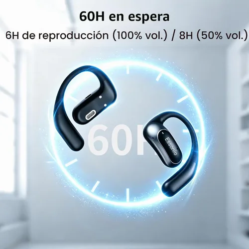 Vista 3 de Essonio Auriculares de oreja abierta inalámbricos con ganchos para los oídos, ultra ligeros, sonido estéreo potente 35 horas de reproducción Negro