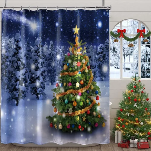 Vista 4 de Cortina de Ducha Navideña, Cortina de Ducha Azul Bosque Invernal con Nieve, Cortina de Ducha de Tela de Pino de Navidad con Regalos para Baño, 72 ×
