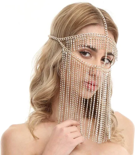 Vista 3 de Tipmant Máscara facial sexy para mujer, cadena con colgante de cristal para fiestas, baile, baile del vientre, escenario, cosplay, metal, dorado