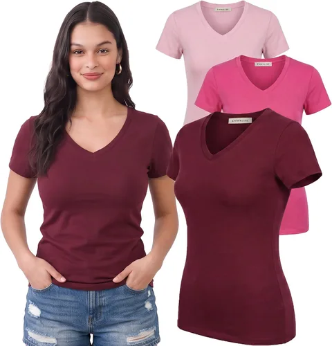 Vista 145 de Emmalise Camiseta de manga corta para mujer, cuello en V, tallas junior y plus