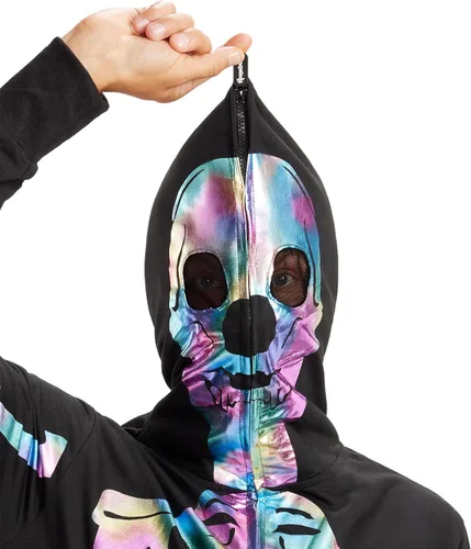 Vista 3 de Tipsy Elves Vestido ajustado de manga larga con esqueleto de Halloween para mujer Front and Back Print, Mesh Eyehole Hood, Hidden Front Zipper