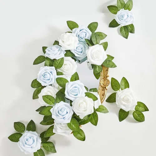 Vista 7 de Flores artificiales, 25 piezas, rosa artificial azul bebé para ramos de boda, centros de mesa, arreglos, flor falsa con tallos para decoración