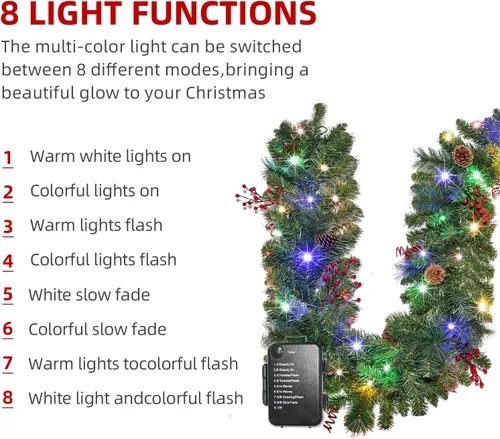 Vista 4 de HOYECHI - Juego de 2 guirnaldas navideñas preiluminadas - 2.7 m cada una con 50 luces LED y bayas rojas, alimentadas por baterías con 8 modos