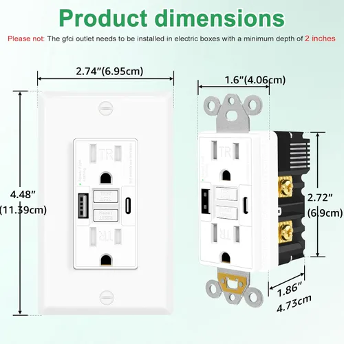 Vista 6 de Greencycle Toma GFCI de 15 amperios con puertos USB C y USB A, 1 unidad de toma eléctrica GFCI de prueba automática con USB, con indicador LED