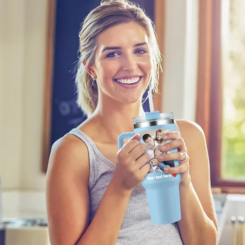 Vista 6 de Vaso personalizado con foto con asa y nombres, imagen personalizada, texto de 40 onzas, tazas de viaje de acero inoxidable con aislamiento