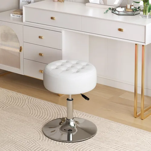 Vista 18 de Furniliving Taburete Otomano de Maquillaje de Terciopelo Acolchado de Mediados de Siglo, Silla Taburete de Tocador Giratoria Redonda Ajustable
