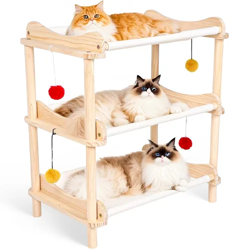 Vista 12 de Cama elevada de madera para gatos – 24 x 15.7 x 5.9 pulgadas, hamaca transpirable para mascotas para uso en interiores y exteriores, tumbona elevada