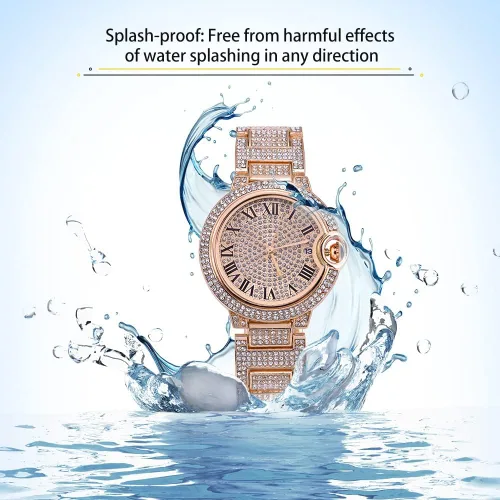 Vista 4 de Reloj de diamantes para mujer, esfera con números romanos y movimiento de cuarzo analógico de lujo