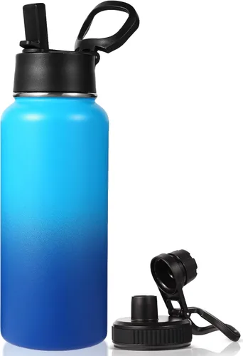 Vista 21 de Neihepal Botella de agua aislada de 32 onzas con 2 tapas (tapa con pajilla y boquilla), botellas de agua de doble pared de acero inoxidable 18/8