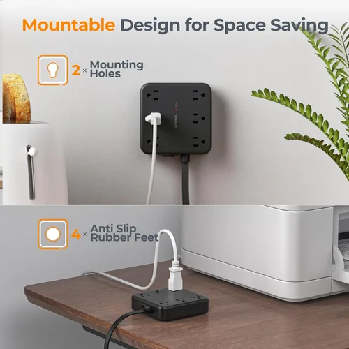 Vista 7 de TESSAN – Regleta de alimentación con USB, cable de extensión con 6 salidas ampliamente espaciadas 2100 Joules Surge Protector Power Strip, 6
