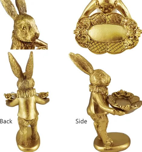 Vista 4 de FANTESTICRYAN Bandeja de joyería decorativa de estatua de conejito pequeño, lindo y retro adorno dorado figura de conejo de Pascua para accesorios