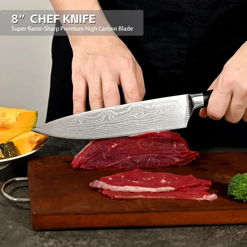 Vista 5 de Juego de cuchillos de chef de cocina profesional, Razor Sharp de acero alemán de alto carbono, 3 piezas, mango ergonómico de madera de Pakkawood