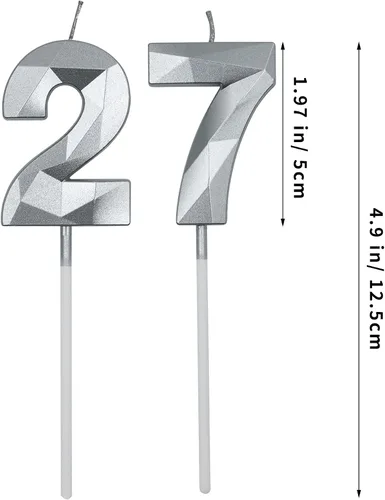 Vista 2 de Velas de cumpleaños de 27 y 72 para pastel, número plateado 27 72 3D con forma de diamante, decoración de cumpleaños, suministros de fiesta