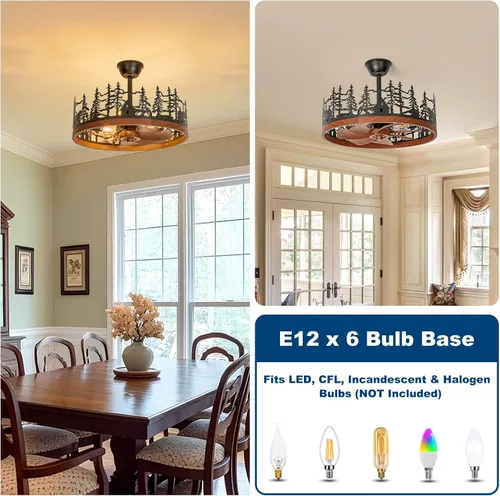 Vista 7 de 23.6 Inch Farmhouse Rustic Ceiling Fans with Lights, Vintage Walnut Wheels Flush Mount Bladeless Chandeliers Fan, Adjustable Height, Black Caged