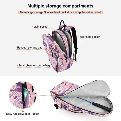 Vista 5 de Bolsa de tenis para mujeres y hombres, ligera, color morado, zéfiro japonés, flor de cerezo, deportes, tenis, bádminton, para adolescentes, niños