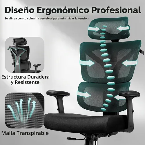 Vista 6 de Silla de Oficina Ergonómica de Respaldo Alto Silla de Escritorio con Soporte Lumbar, Silla de Computadora de Malla Transpirable con Reposabrazos