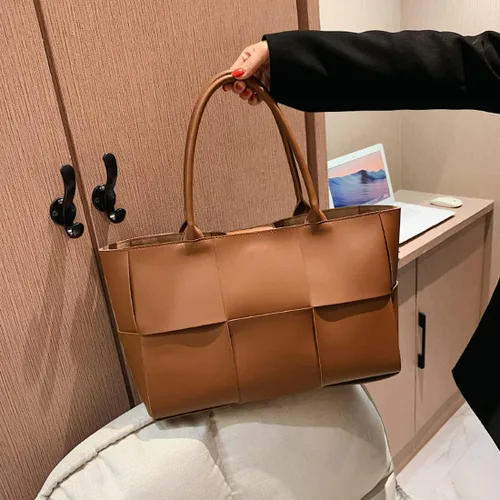Vista 3 de Bolso bandolera grande de cuero tejido para mujer, bolso cruzado con asa superior para mujer, bolsa de trabajo con embrague a juego
