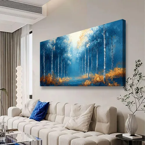 Vista 8 de Cuadros de bosque azul para pared, arte de pared para sala de estar, dormitorio, bosque impreso para decoración del hogar, arte abstracto de niebla