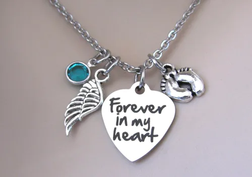 Vista 5 de Miscarriage "Forever In My Heart" Necklace with Angel Wing, Baby Feet & Birthstone, Child Loss Memorial, Miscarriage Jewelry - Loss of Child