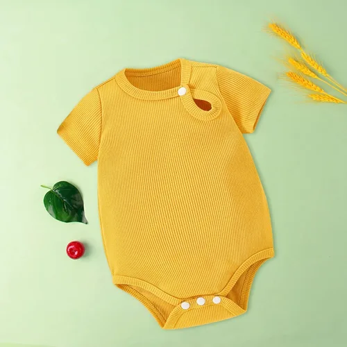 Vista 5 de Mameluco unisex de algodón para bebé, niña de manga corta, color sólido, enterizo de verano lindo a la moda, S