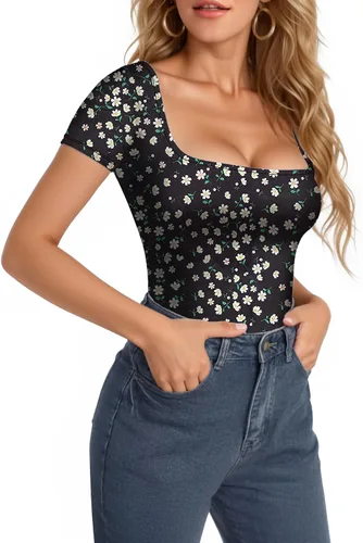 Vista 106 de MANGOPOP - Body de manga corta con cuello cuadrado para mujer