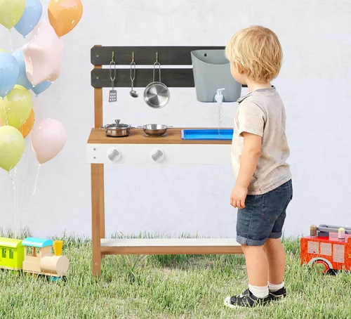 Vista 8 de Cocina de madera para niños, cocina de barro al aire libre con juego de agua y juguetes de cocina, juego en el patio trasero para niños de más de 3