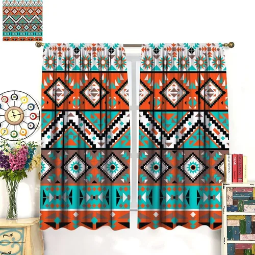 Vista 168 de Cortinas con patrón geométrico tribal, estilo suroeste, azteca, rústico, occidental, nativo americano, opacas, con bolsillo para barra, decoración