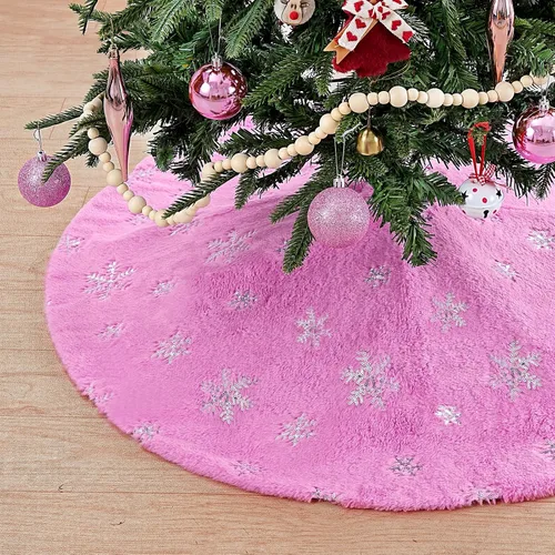 Vista 16 de Falda de árbol pequeña de 24 pulgadas, falda de árbol de piel sintética blanca de Navidad de 4 pies, mini copos de nieve de lentejuelas doradas