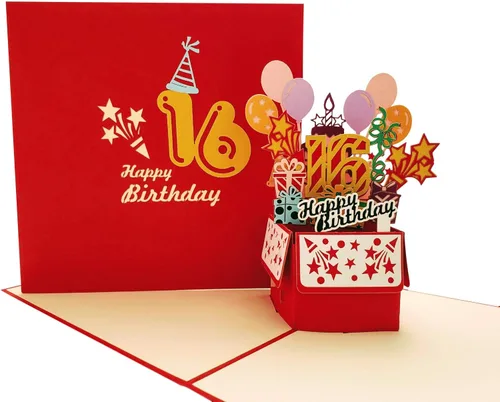 Vista 10 de iGifts And Cards Tarjeta desplegable 3D de cumpleaños de 16 años, regalos coloridos y escena de celebración de globos, divertido saludo