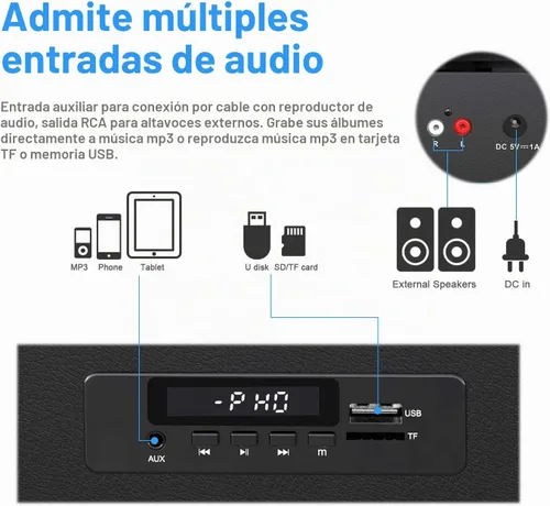 Vista 3 de Tocadiscos de vinilo Bluetooth con dos altavoces incorporados, grabación USB, transmisión por correa, 3 velocidades, tocadiscos para discos
