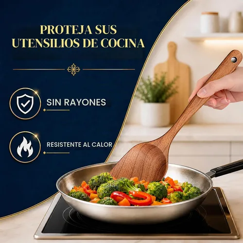 Vista 4 de Juego de utensilios de madera de teca extra grandes de 4 piezas, espátula de madera antiadherente para cocinar, cuchara espumadera y cuchara