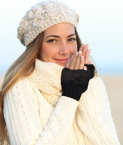 Vista 6 de Boao 2 pares de guantes de invierno sin dedos, guantes cortos para pantalla táctil, guantes de punto cálidos con piel sintética