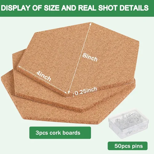 Vista 2 de FEBSNOW Paquete de 3 Azulejos de Tablero de Corcho Autoadhesivos Hexagonales Mini Tablero de Anuncios de Pared con 50 Chinchetas Multicolor