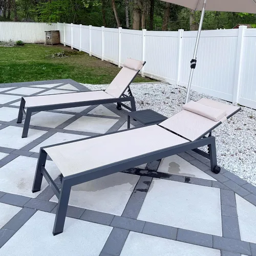 Vista 13 de PURPLE LEAF Juego de sillas de lounge al aire libre de gran tamaño de 3 piezas para patio, tumbona para piscina, estructura de aluminio con mesa