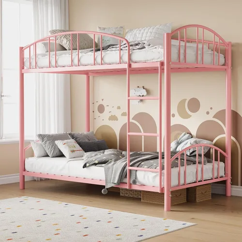 Vista 9 de Garvee - Litera individual sobre matrimonial con escalera y barandilla para niños y adultos Heavy Duty Metal Bunk Bed Frame, Sturdy Steel Slats