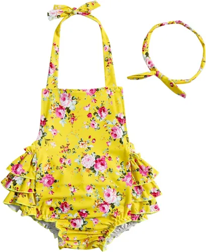 Vista 9 de China Rose 50's Floral Ruffles Mamelucos Vestido Sin Respaldo Traje De Baño Traje De B Azul/claro