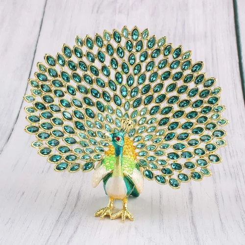 Vista 3 de Xinkulas Joyero de pavo real, estatuilla esmaltada con bisagras pintada a mano, decoración de recuerdo (verde)