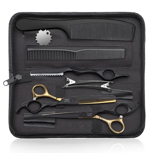 Vista 11 de JASON Kit profesional de tijeras de corte de pelo de 10 piezas, tijeras texturizadoras con 30 dientes, tijeras rectas para peluquería, peluquería