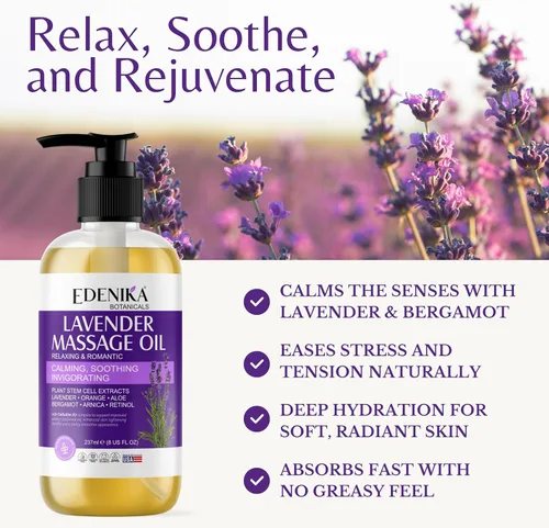 Vista 2 de Edenika Botanicals Aceite de masaje de lavanda para piel, aromaterapia de lujo y aceite de masaje romántico para una cita nocturna, piel relajante e
