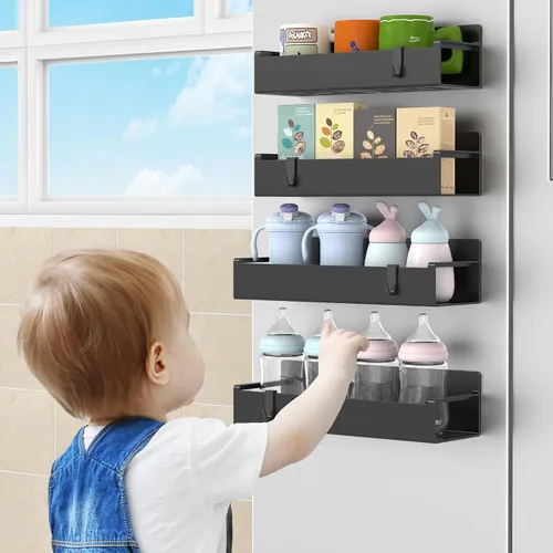 Vista 7 de HuggieGems Paquete de 4 organizadores magnéticos para especias para refrigerador y horno, organizadores negros para nevera y almacenamiento