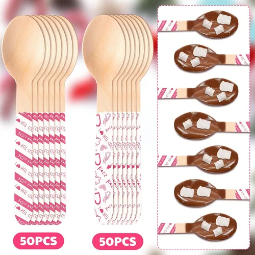 Vista 3 de Eaasty 100 cucharas de madera de chocolate caliente para el día de San Valentín, malvavisco, barra romántica de madera, cucharas agitadoras